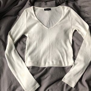 White ribbed crop v-neck top
